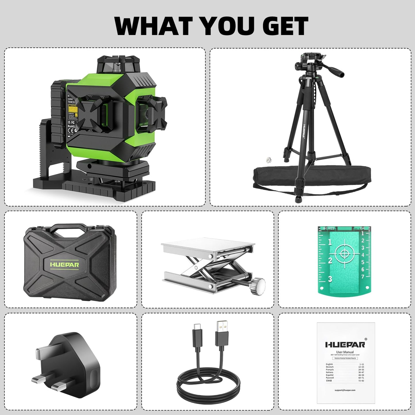 Huepar 360 Laser Level Self-Leveling Cross Line Laser Level 4D Green Beam 197Ft. Laser Tool 67.72" Lightweight Extendable Tripod, Li-ion Battery, Magnetic Base, Hard Carry Case-704CG&T16A