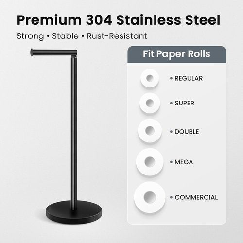 Cesun Toilet Paper Holder - Free Standing Matte Black Design with Heavy Weighted Base | Stainless Steel Storage