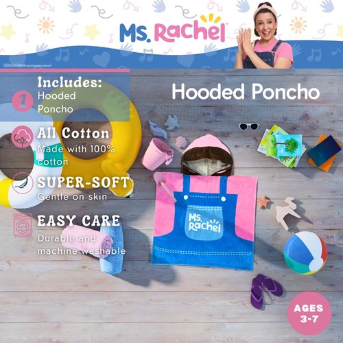 Ms. Rachel Kids Beach/Pool/Bath/Camping Hooded Towel Poncho 24" X 22", Absorbent Cotton Cover up, (Officially Licensed Product) by Franco