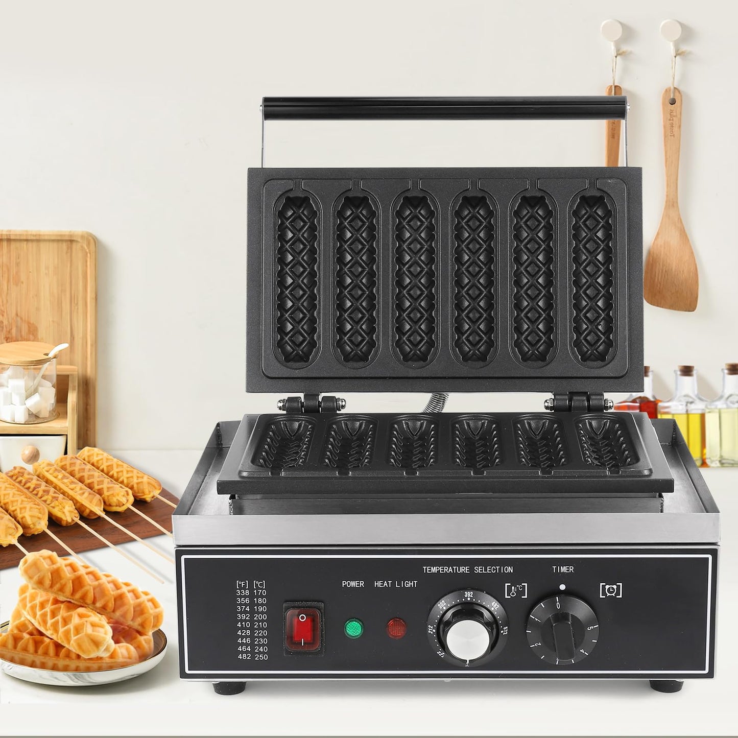 Hiteemer Corn Dog Maker - 1550W Commercial Waffle Stick Maker 6Pcs Non-stick Stainless Steel Corndog Maker Machine 572 ℉ Temperature and Timer for Restaurant Bakery Snack Hotel
