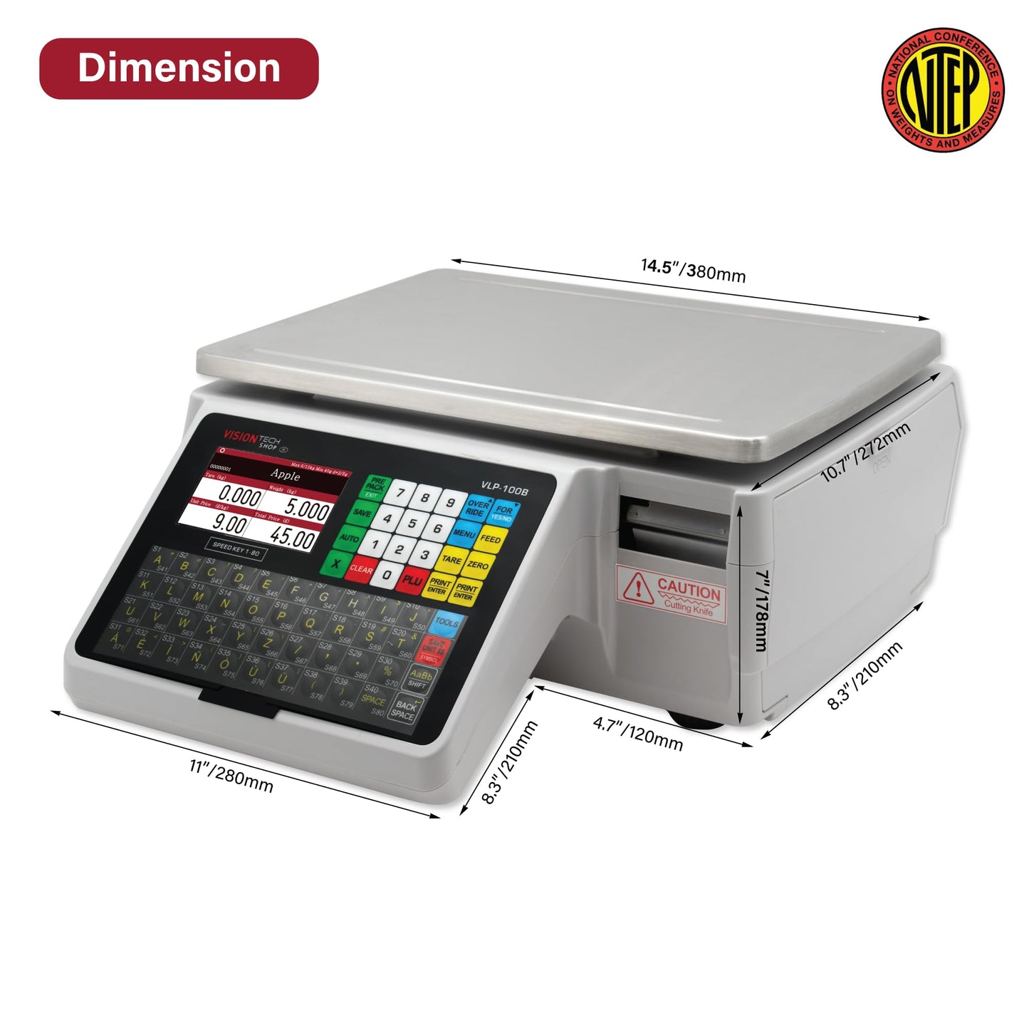 VisionTechShop VLP-100B Label Printing Scale, Capacity 30/60lb Readability 0.01/0.02lb, NTEP Legal for Trade, English, Spanish Available