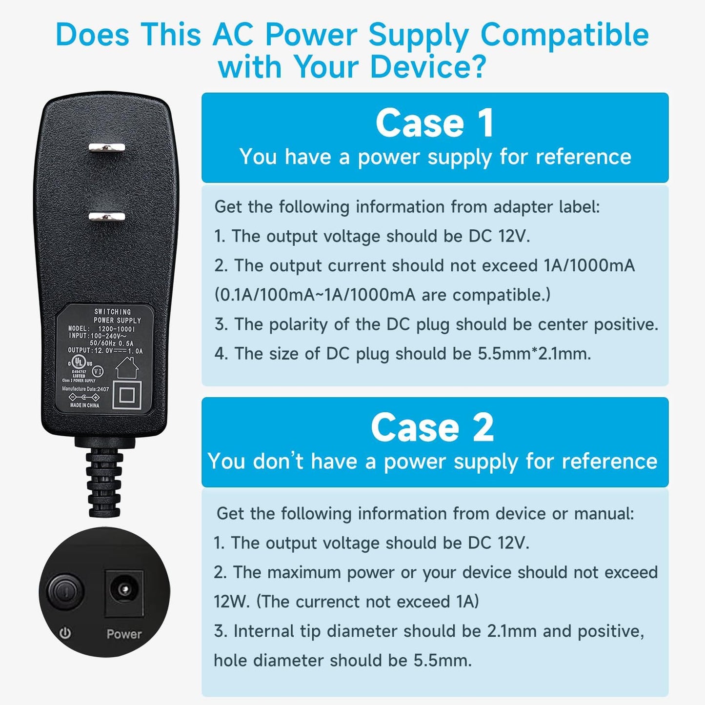 ANLINK 2 Pack 12V 1A 1000mA 10ft 8 12W Power Supply Adapter with Tips, Adaptor AC to DC Adapter Cord for LED Strip
