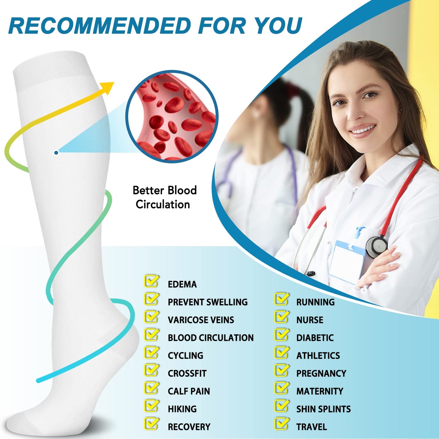 Compression Socks for Women & Men Circulation (3 Pairs) - Best Support for Athletic Running Travel Hiking Nurse Gifts, 15-20 mmHg Knee High Stockings Medical Long White Socks, S-M