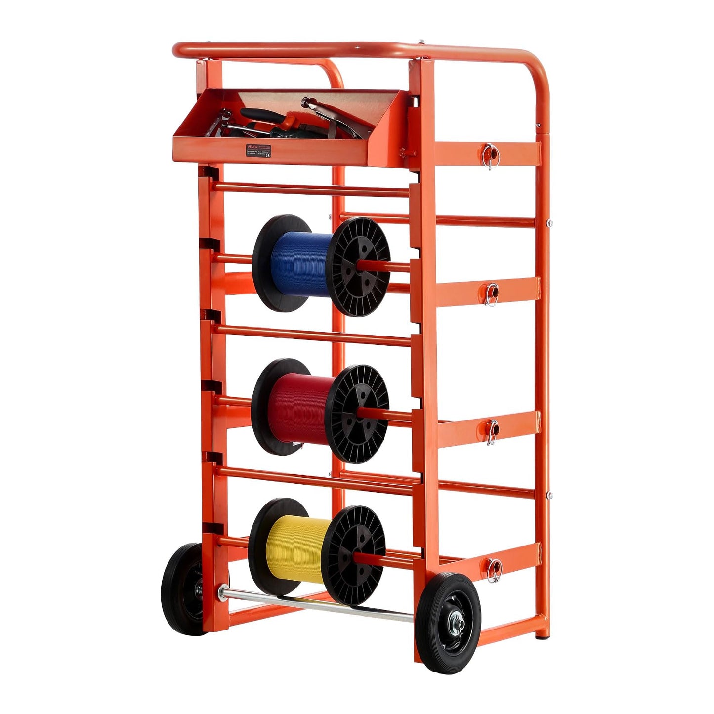 VEVOR Wire Spool Rack, 11 Rods, Multi-Spool Wire Rack Dispenser, Cable Caddy with Wheels, Cable Holder with Storage Tray for Wiring Storage, for Electrical, Industrial & Retail Use, Working Efficiency
