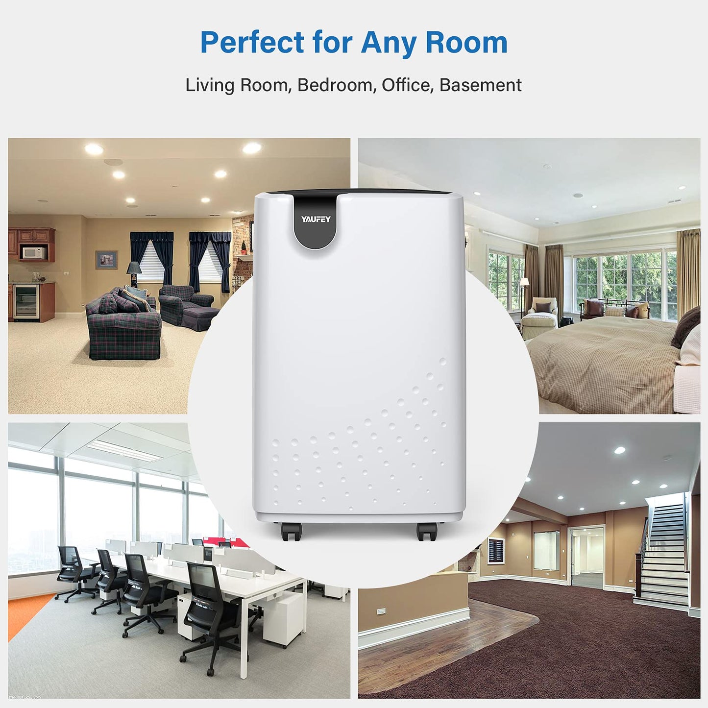 Yaufey 2500 Sq. Ft. Dehumidifier for Home and Basements with Auto or Manual Drainage, 0.48 Gallon Water Tank, Low Noise and 24H Timer