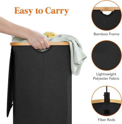 Lifewit 150L Laundry Basket - Foldable Hamper with Lid & Bamboo Handles | Black with 2 Removable Bags