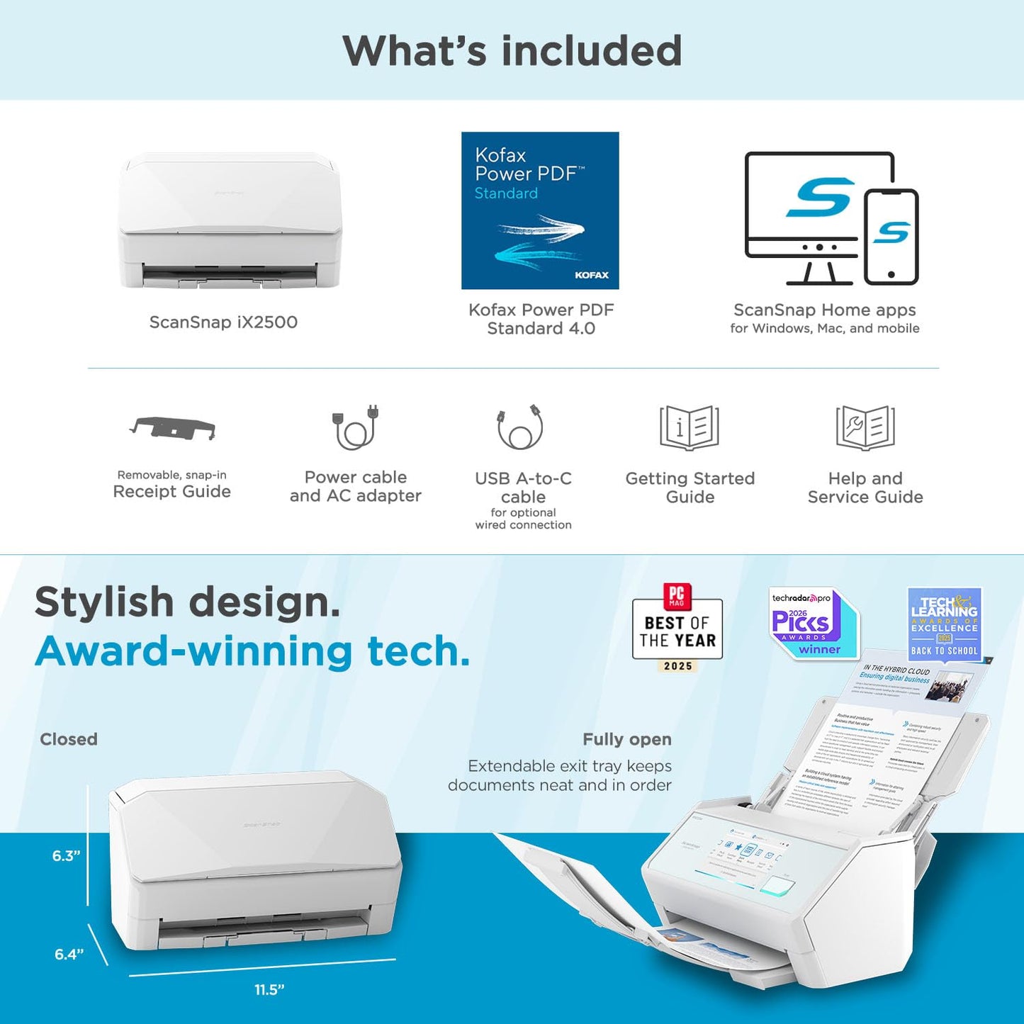 ScanSnap iX2500 Wireless or USB High-Speed Cloud Enabled Document, Photo & Receipt Scanner with Large 5" Touchscreen and 100 Page Auto Document Feeder for Mac or PC, White