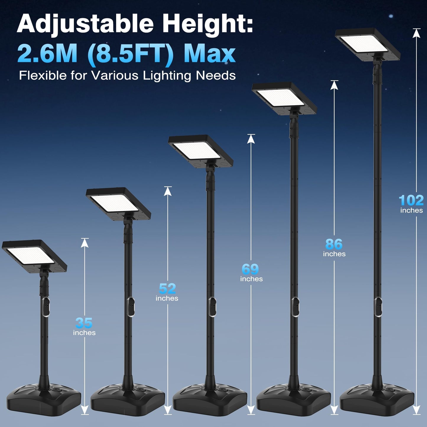 102" Solar Lamp Post Lights with Pole & Water Box Base, Outdoor IP65 Waterproof 3800LM 420 LEDs Solar Street Lights, Metal Flood Motion Sensor Lights for Yard, Garden, Patio, Lawn, Parking Lot