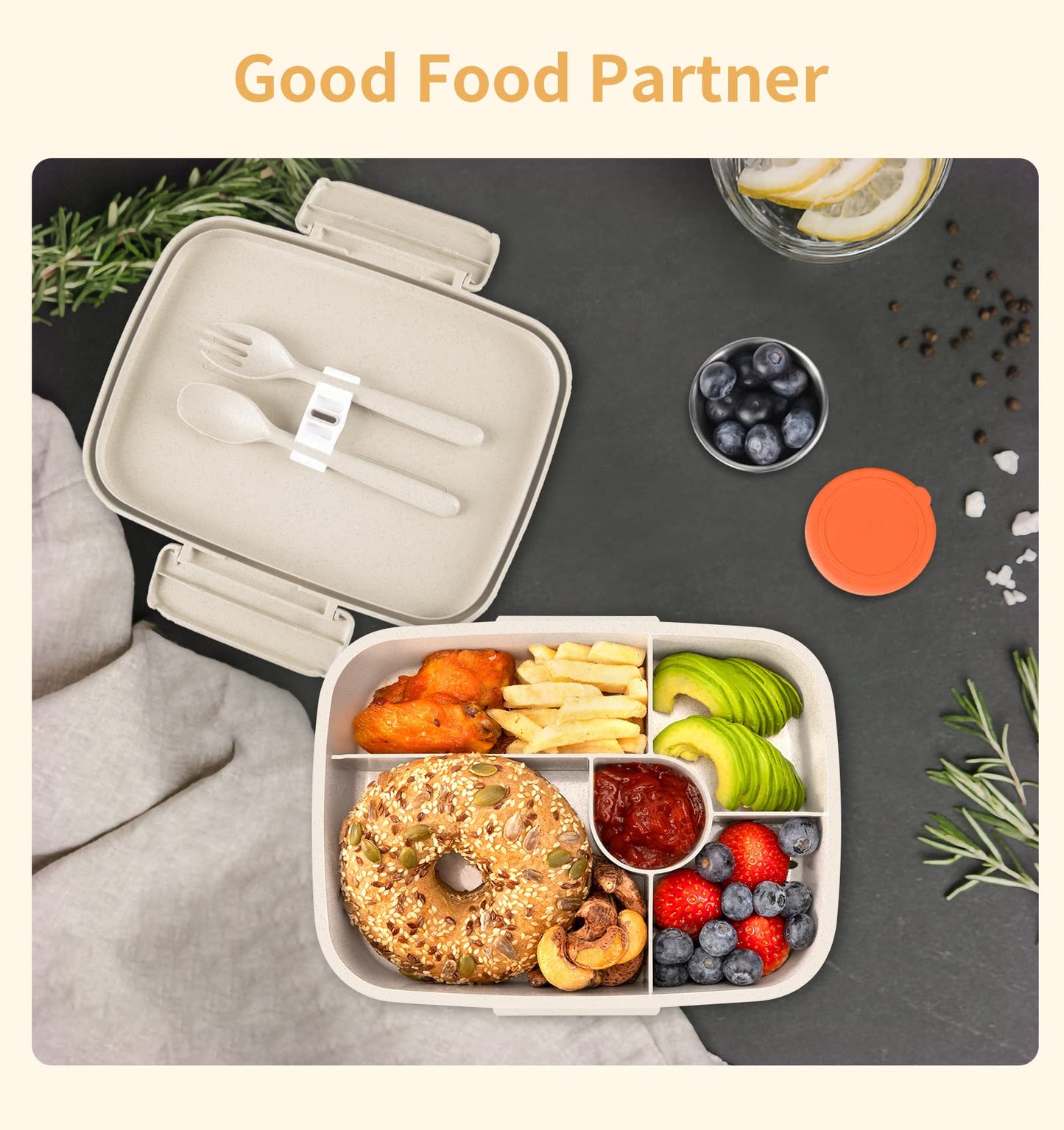 ANDMOON Bento Lunch Box, 5 Compartments Lunch Container for Kids/Adults with Snack cup, Wheat Fiber Eco-Friendly Double Insulated Boxes, Dishwasher and Microwave Safe, BPA-Free (White)