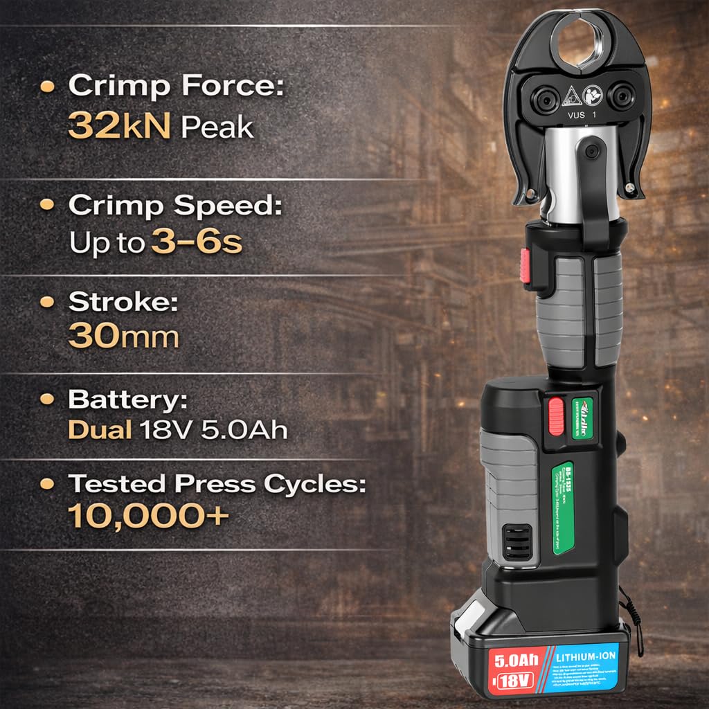 UTZIKO 18V Electric Pipe Crimping Tool Kit with Tube Cutter, 32KN Hydraulic Pipe Crimper for 1/2", 3/4", 1" Copper, PEX & Stainless Steel Pipes, 360° Rotating Head, 2 Batteries