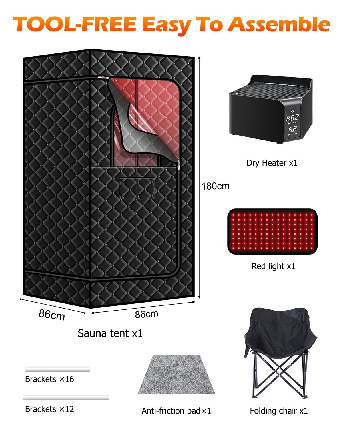 amocane Portable Dry Wind Sauna with 660nm red Light Lamp, Personal Hot Air Sauna Spa for Home, Full Body Infrared Black Saunas Tent with Large Chair, 99 Mins time, 165℉