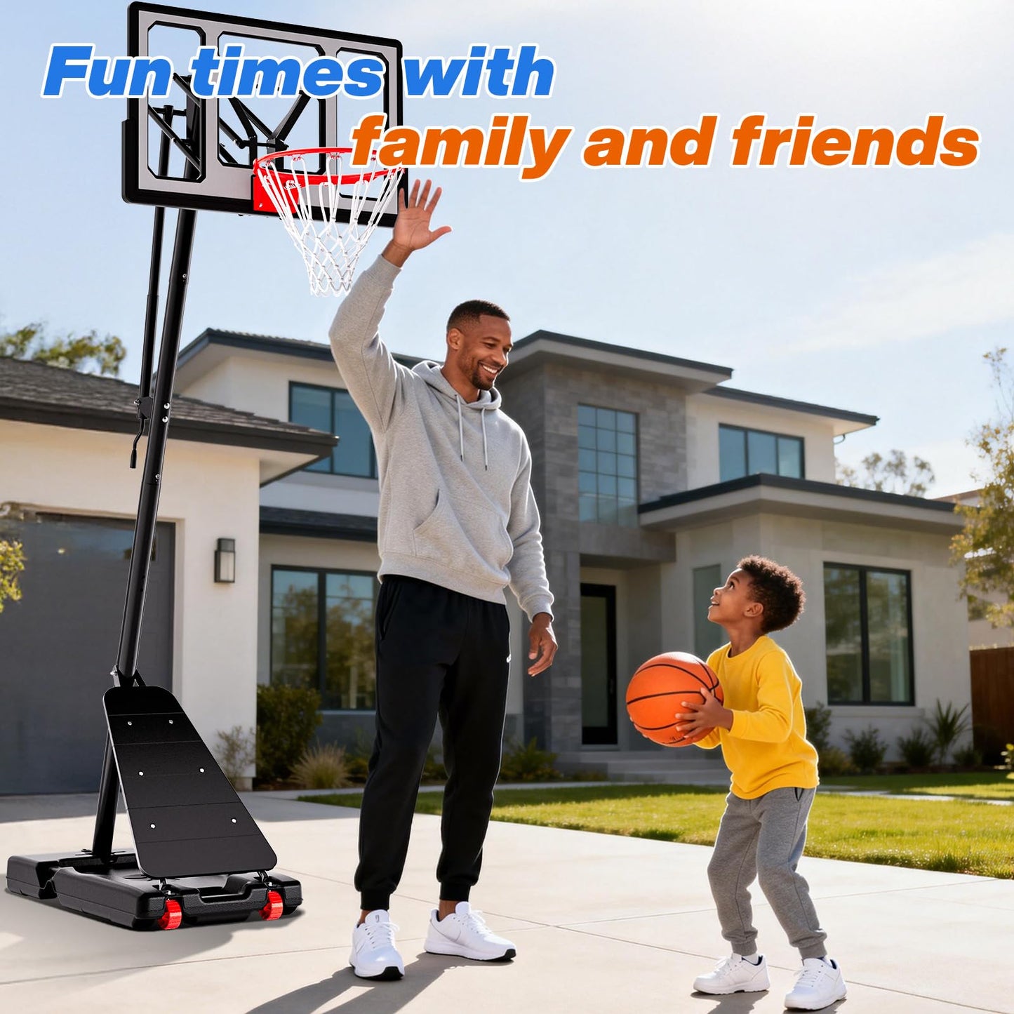 AWII SPORT Basketball Hoop Outdoor 40Inch Impact Backboard, 5.3-10FT Height Adjustable Basketball Hoop Goal System with Portable Wheels for Adults (Black, 40inch Backboard)