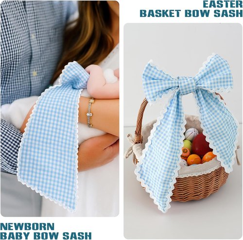 DYSHAYEN Wreath Sash - Canvas RIC Rac Trim for Front Door | Blue Gingham with White Trim