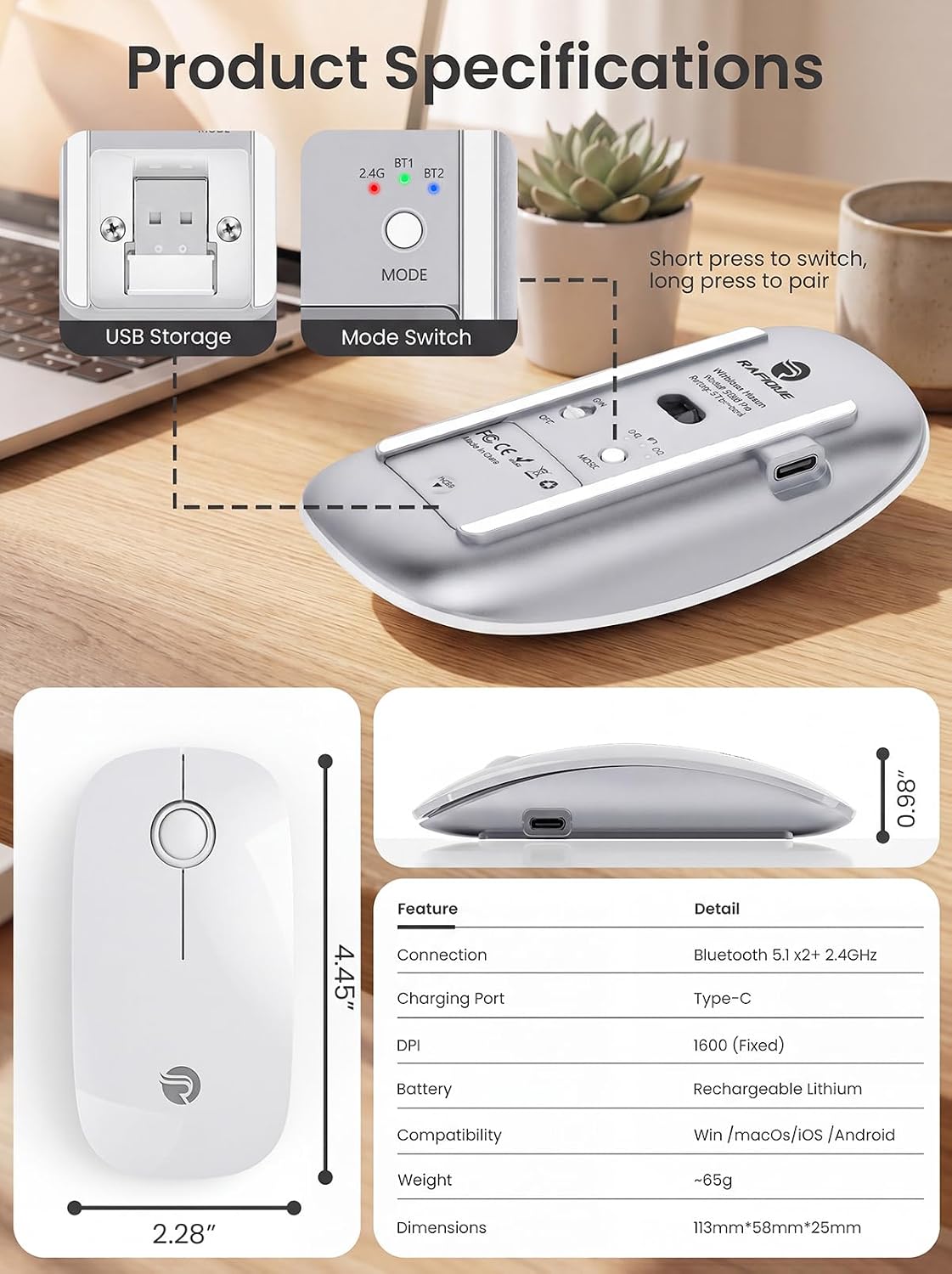 RAPIQUE R306 2.4G, Symmetrical Pro Wireless Mouse, Dual Bluetooth & Type-C Rechargeable, Silent Click, Slim Design