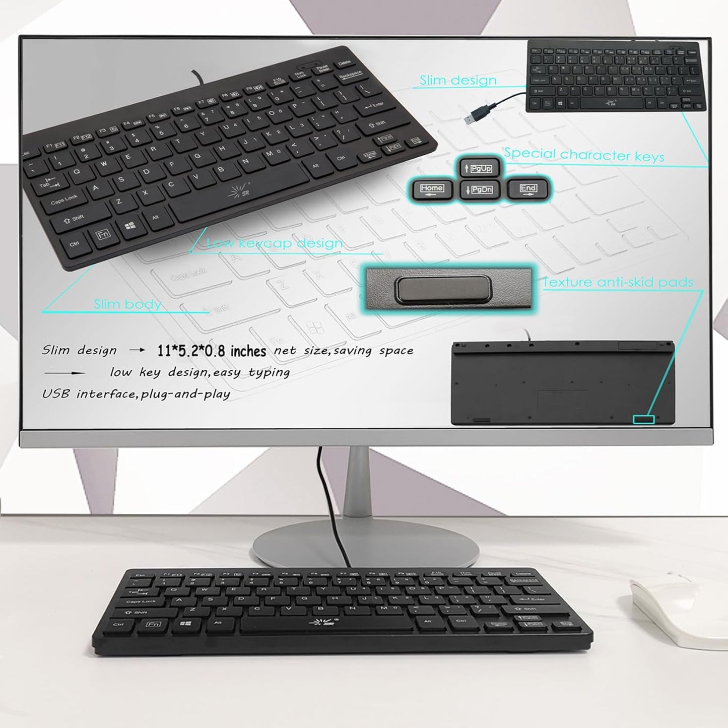 SR 78 Mini Keyboard Wired Thin Light Keys USB Multimedia Small for Pc Computer Laptop