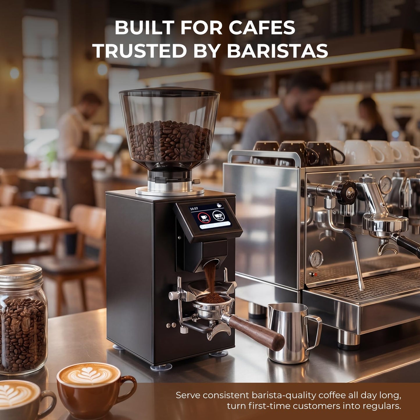Grind by Weight Espresso Grinder, Commercial Coffee Grinder by Weight with 64mm Flat Burr, Touch Screen, 14 Grind Settings for Cafe