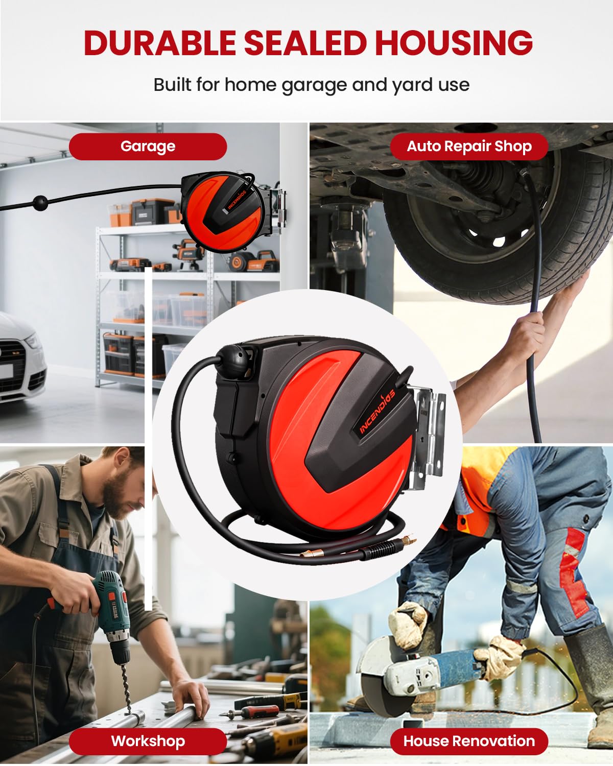 Retractable Air Hose Reel - 3/8" x 100 FT Hybrid Polymer Air Compressor Hose Reel, Max 300 PSI Heavy Duty with 6.56 FT Lead-in, 180° Swivel Mount for Garage, Workshop and Automotive Shop