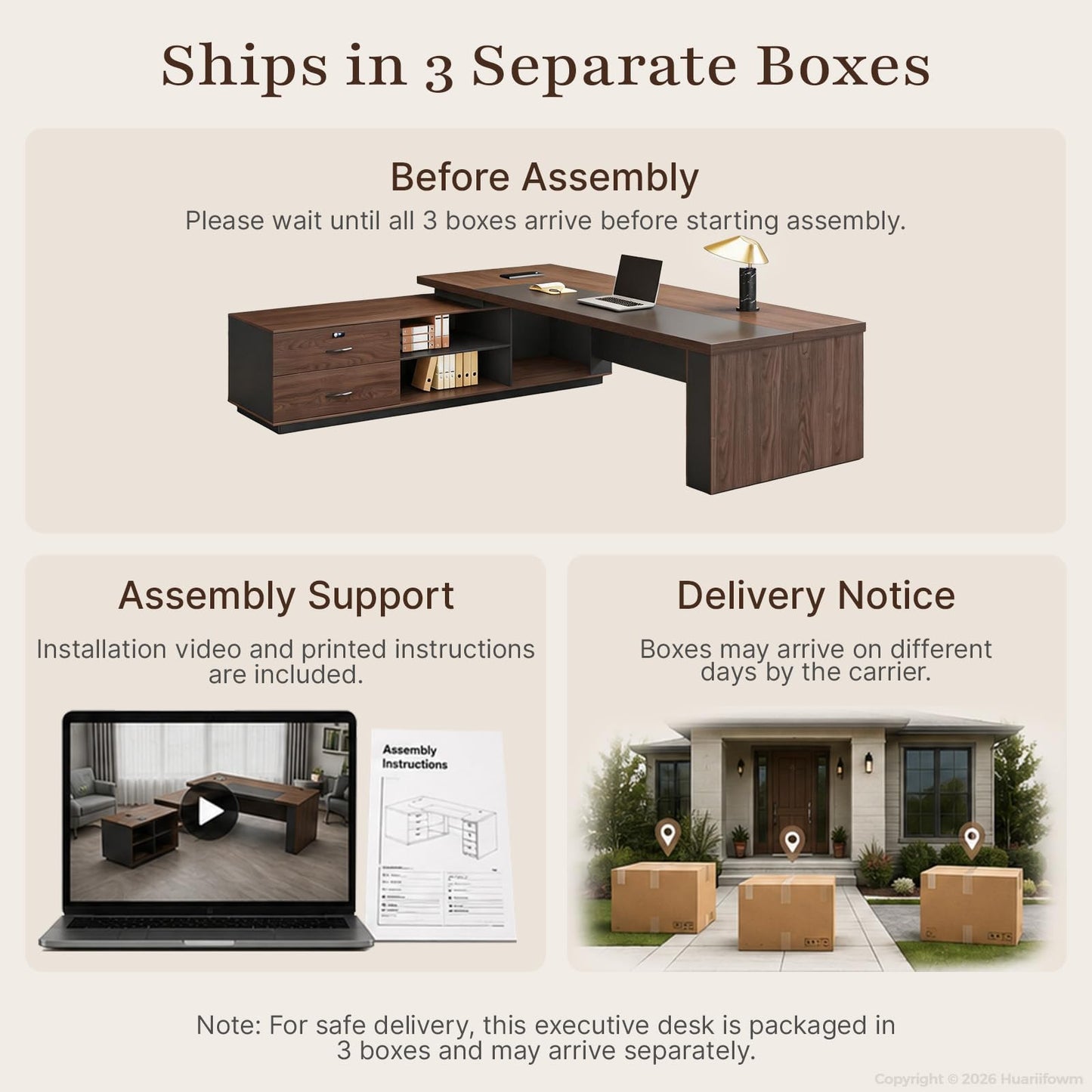 Huariifowm 63" Reversible L-Shaped Executive Desk with Locking Drawers, Compact Office Desk for Home & Manager Office, Power Outlet, USB Ports, Storage Shelves, Privacy Panel & LED Light, Walnut Gray