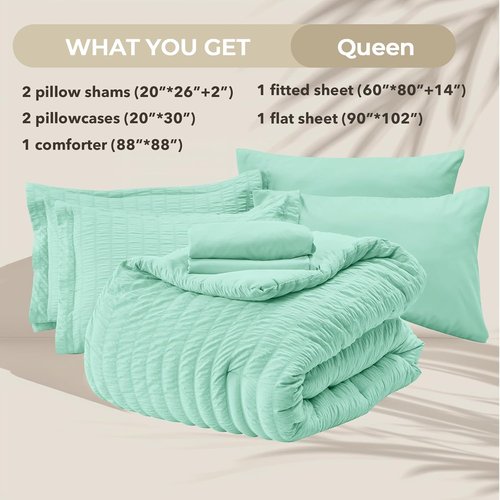 HYMOKEGE Queen Comforter Set - Mint Green Seersucker 7-Piece Luxury Bedding Set for All Seasons