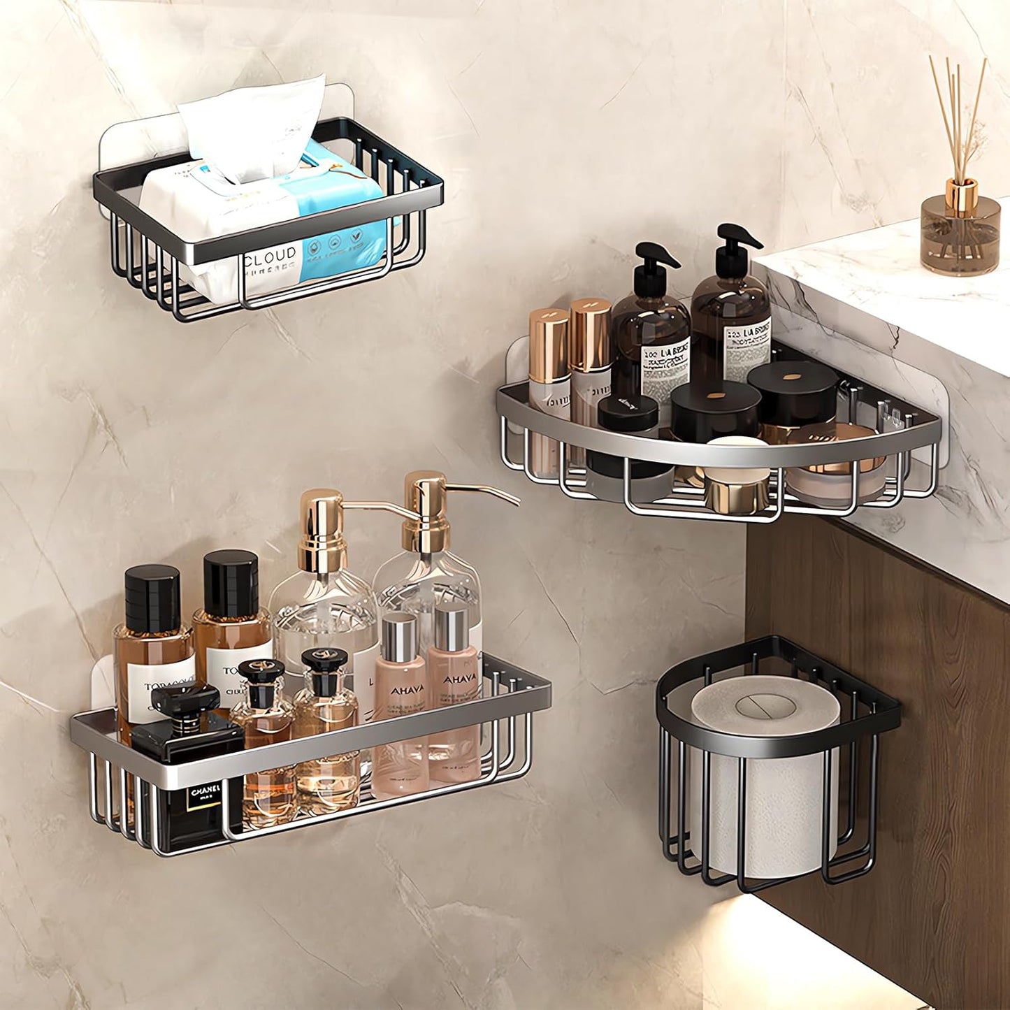 Skiennix Shower Caddy Adhesive Hooks - Strong Waterproof Strips for No-Drill Bathroom & Kitchen Storage | 14 Pack