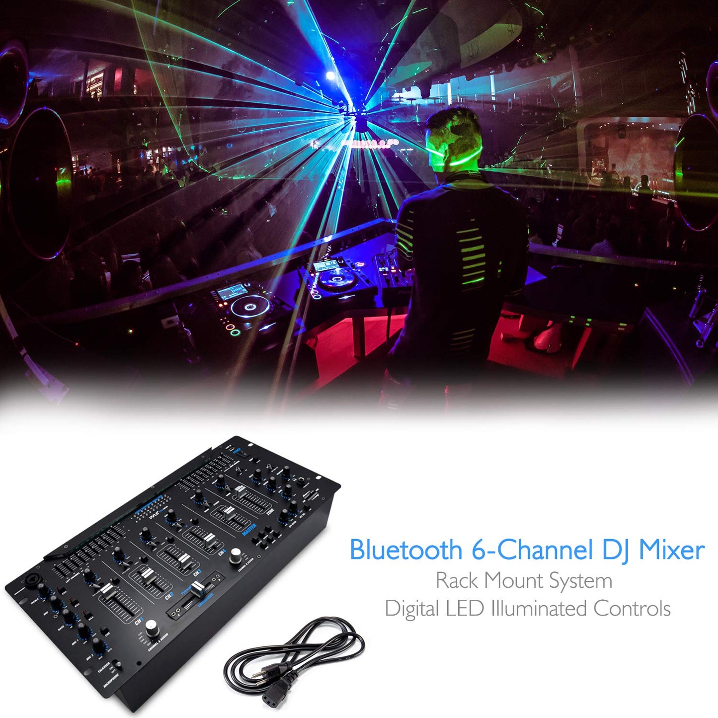 Pyle 6 Channel Mixer, Bluetooth DJ Controller, Stereo Mixer, Professional Sound System, LED Illumination, Mixer Digital Audio, Digital Mixing System, Speed Control, 5U Rack Mount System (PYD1964B)