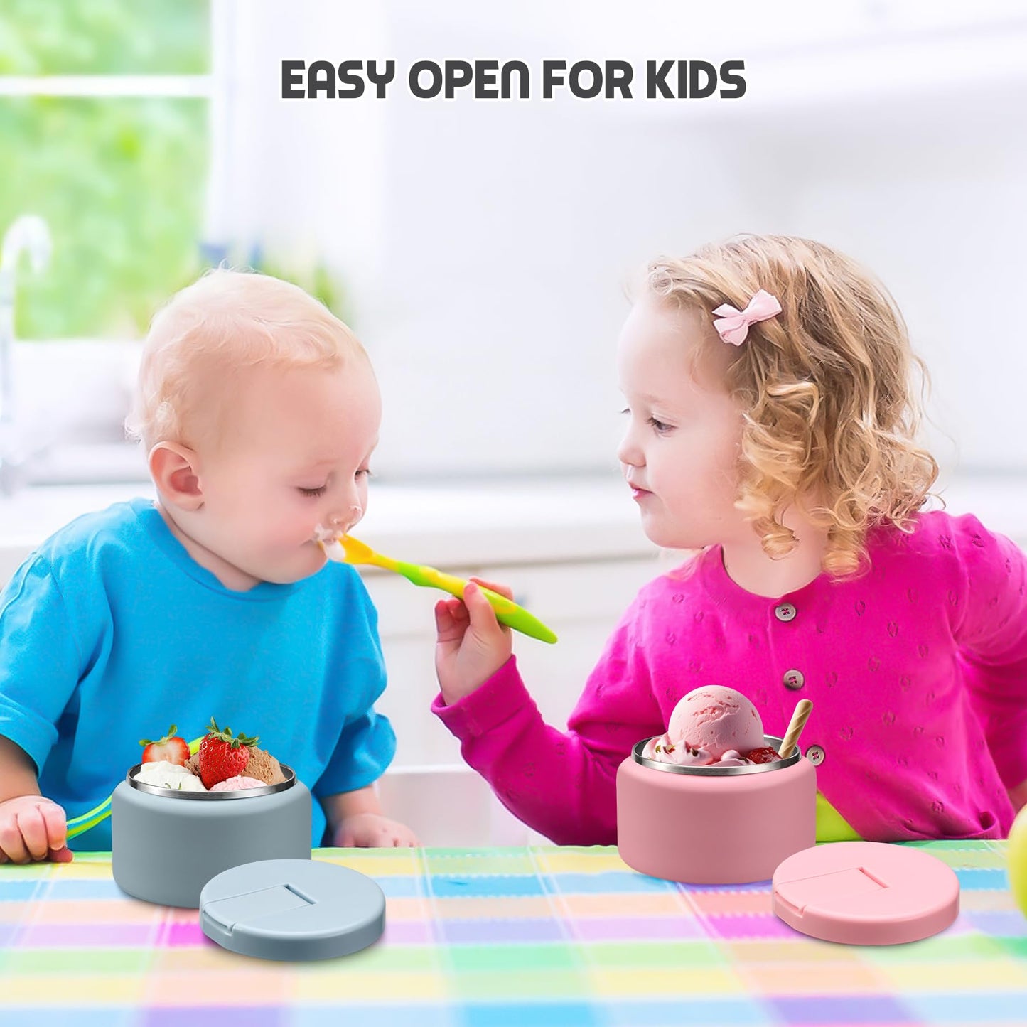 BOSEDSANG 13.5oz Soup Thermo for Hot Food Kids with Buckle Lid Insulated Vacuum Food Jar Wide Mouth Leakproof Stainless Steel Lunch Container- Pink