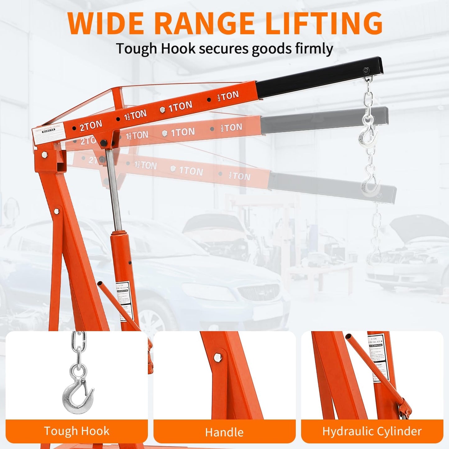 2-Ton Folding Engine Hoist Cherry Picker 44 Lb Capacity Hydraulic Shop Crane with Telescoping Boom 6 Caster Wheels for Automotive Repair Garage Use Includes Hitch and Storage Stand Orange