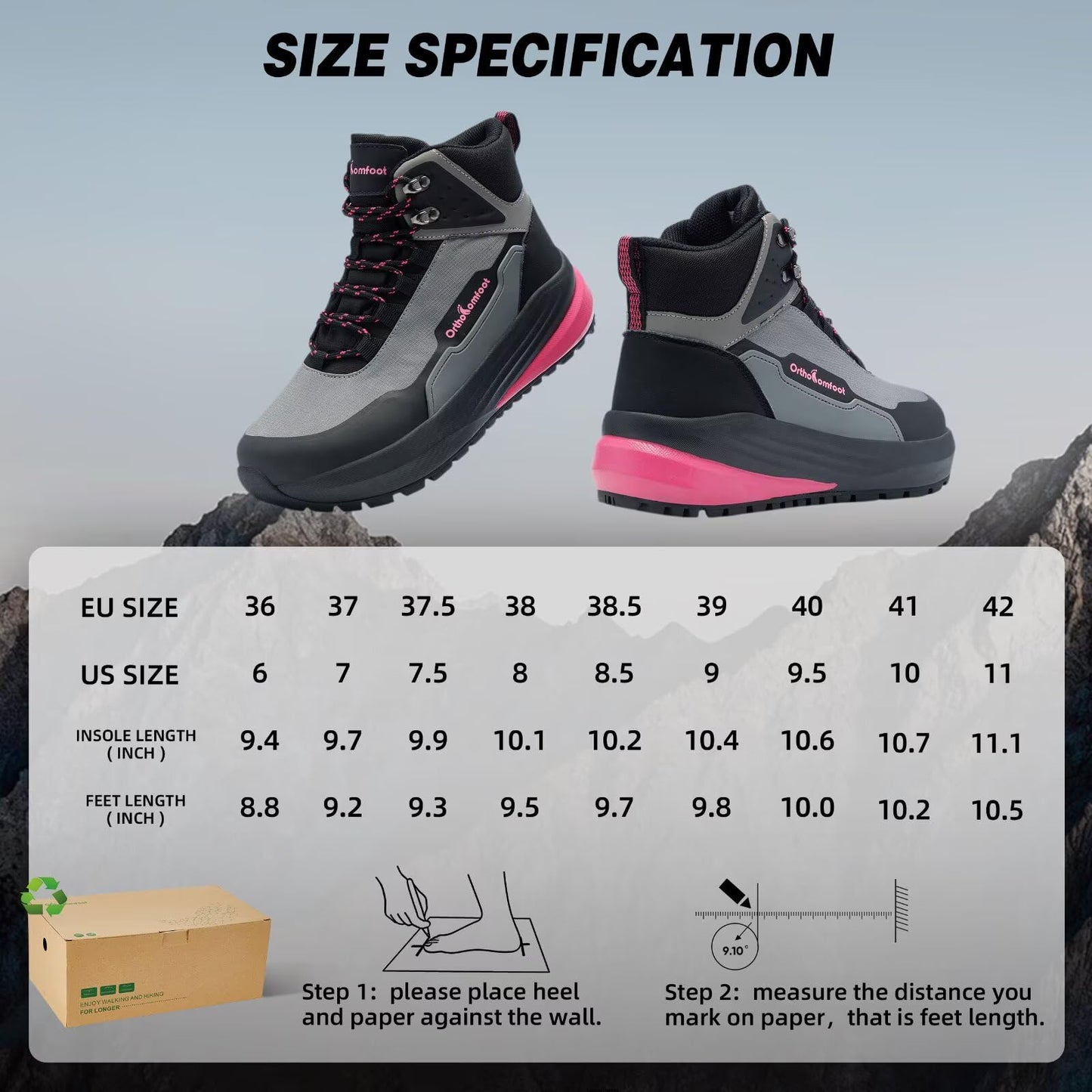 Women's Orthopedic Mid Trekking Hiking Boots: Plantar Fasciitis Orthotic Arch Support Bunions Recovery Fashion Boots, Comfortable Stylish Working Standing Walking Shoes Black Rose Red Size 8.5