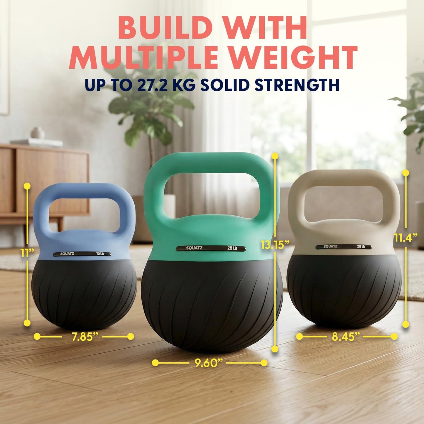 Squatz Soft Drop Kettlebell Set for Home Gym Strength Training - Cushioned Base Kettlebell Set with Wide Grip Handle, Floor-Safe Design, 15 lb, 20 lb, and 25 lb Weights for Full Body Workouts