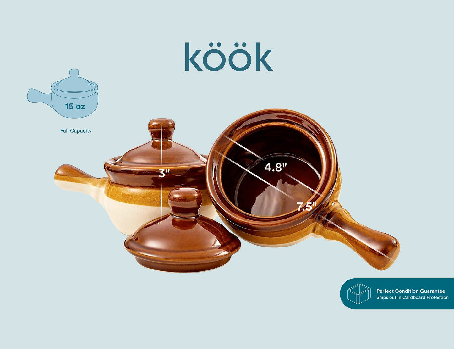KooK French Onion Soup Crocks, Ceramic Bowls with Lids, Large Handles, Oven & Microwave Safe, Brown/White, Set of 4, 15 oz