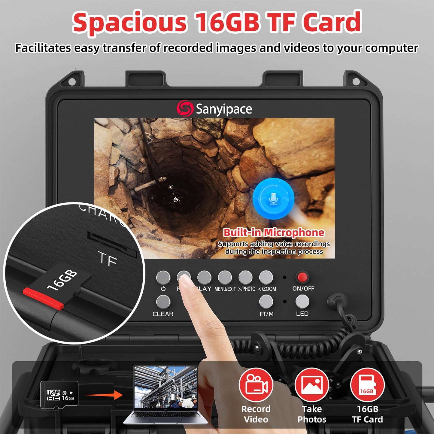 Sanyipace Sewer Camera Self-Leveling 165FT/50M, 512Hz Sonde, Distance Counter, 5-Level Adjustable Brightness, 4500mAh Battery, IP68 Waterproof Pipe Camera for Drain Snake, Plumbing, Duct, Plumber