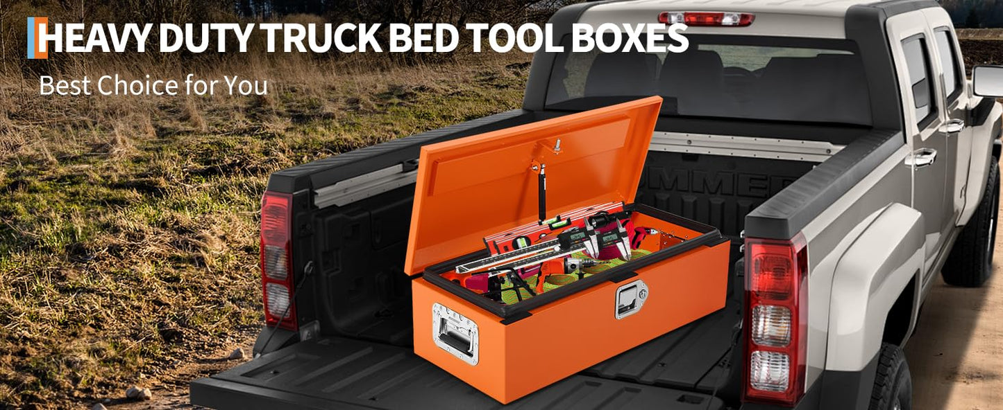 Festisoul 48 Inch Low-Profile Steel Truck Bed Tool Box, Diamond Plate Design with Lock & Key, Compact Under-Rail Storage for Pickup Trucks, Trailers, RVs - Orange (Model 2025)