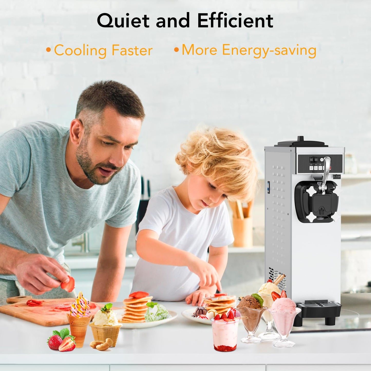 Commercial Ice Cream Maker Machine for home, 4.7-5.8Gal/H Soft Serve Machine, 1200W Single Frozen Yogurt Ice Cream Mixing Machine with 7 L Hoppers &1.8 L Cylinders for Parties, Restaurants, Snack Bars
