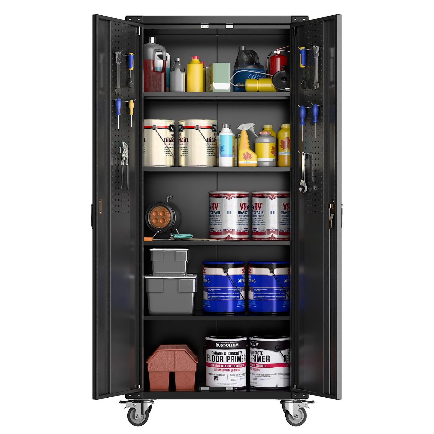 72" Tall Garage Storage Cabinet with Wheels β Locking Heavy-Duty Metal Cabinet with 4 Adjustable Shelves & Door Pegboard, Rolling Tool Cabinet for Workshop, Home, Office β Black