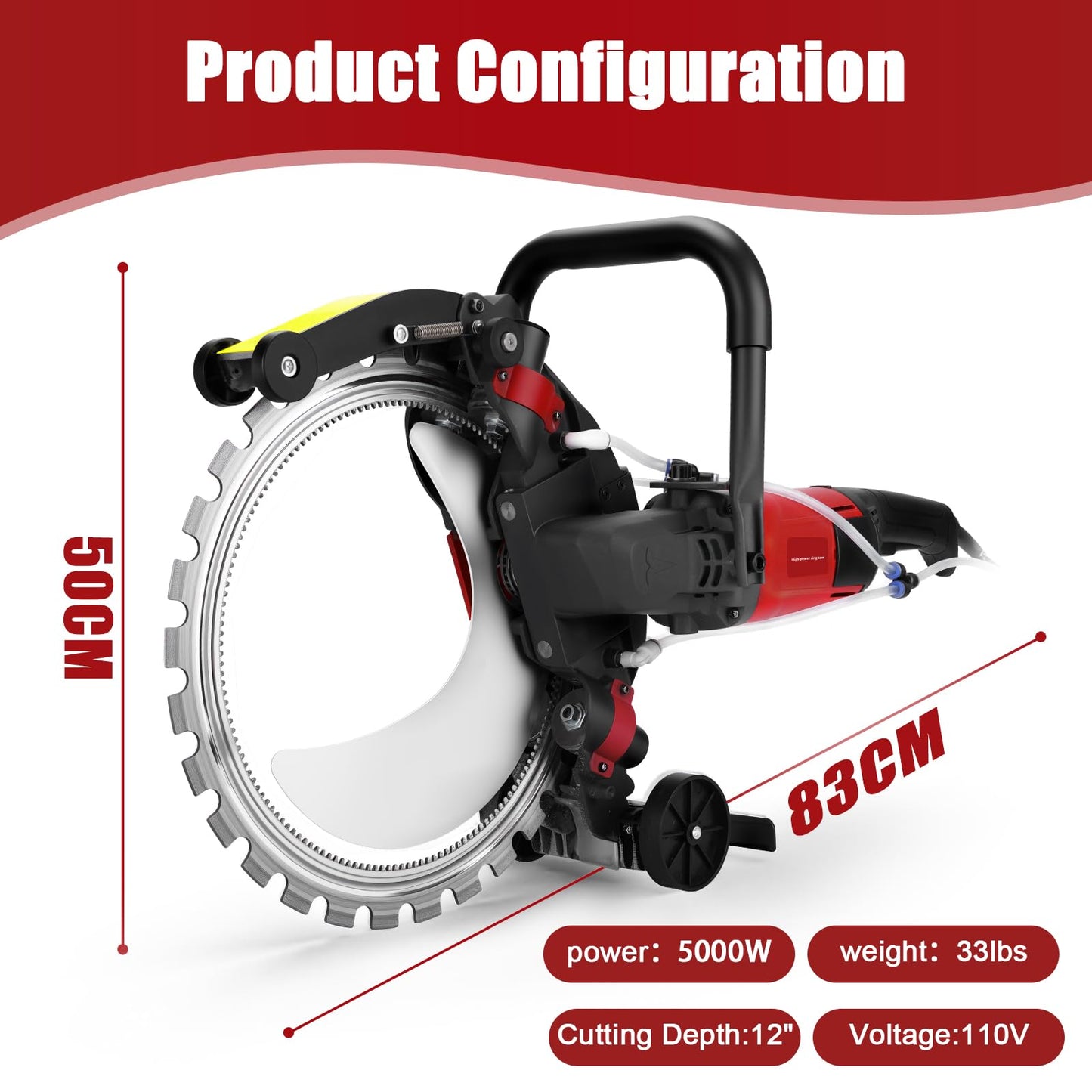 16" Ring Concrete Cutter Saw, Max Cutting Depth 12", 5000W Electric Concrete Saw with Thickened Titanium Alloy Diamond Blade & Wet Cutting System for Concrete, Bricks, Rebar