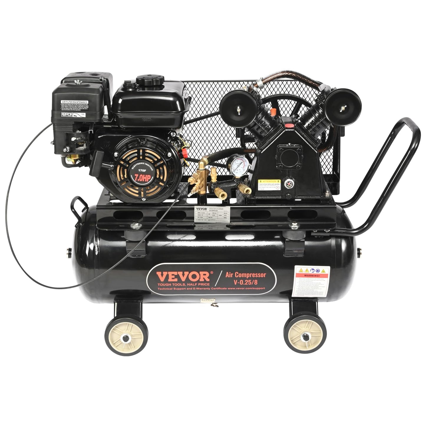VEVOR 13.2 Gallon Gas Powered Air Compressor, 7HP 9CFM@115PSI Air Compressor Tank on Wheels, Gas Driven Piston Pump Air Compressed System with 115PSI Maximum Pressure for Workshop Construction Sites