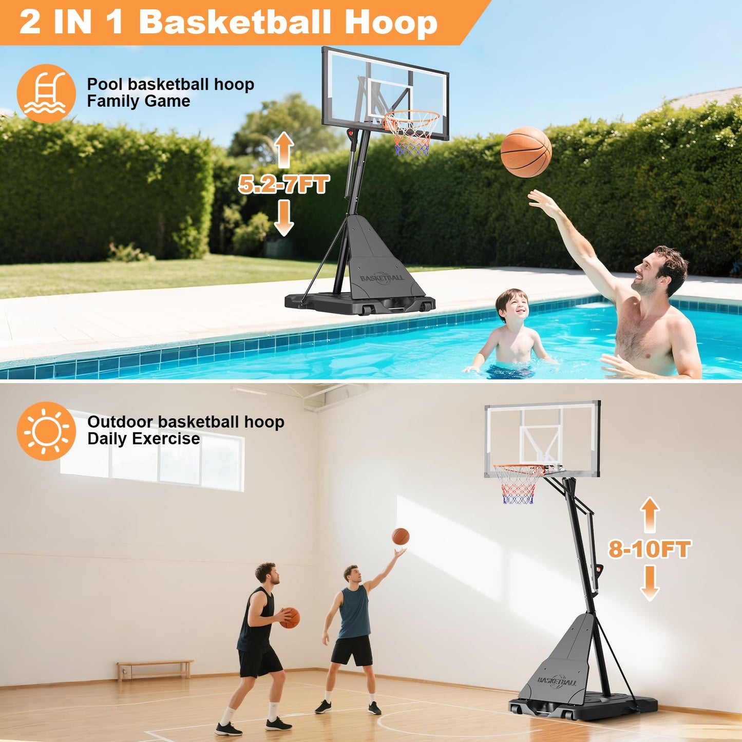 LotFun Portable Basketball Hoop, Outdoor 5-10FT Manual Crank/Hand Pull Adjustable Basketball Goal with 44 Inch PC Backboard & Wheels, Basket Ball Portable Hoops Backyard, Driveway (Hand Pull Handle)