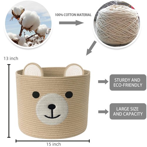 Bear Laundry Baskets Laundry Hamper Storage Baskets with Handles,Decorative Basket for Living room,Woven Storage Basket for Toys Bin Pillows Blankets Clothes (Khaki - Version 2)