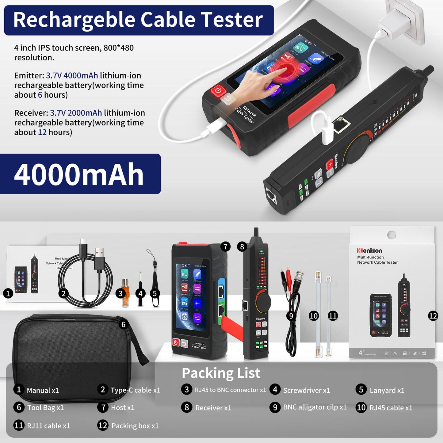 Multifunction RJ45 Network Caber Tester, 4" IPS Touch Screen UTP Cable Tester,Rechargeable Ethernet Cable Tracer,Support Network Tools, POE++ Detect,Cable Length Meter,RJ45 TDR Test,NCV,FTP (LT-600S)