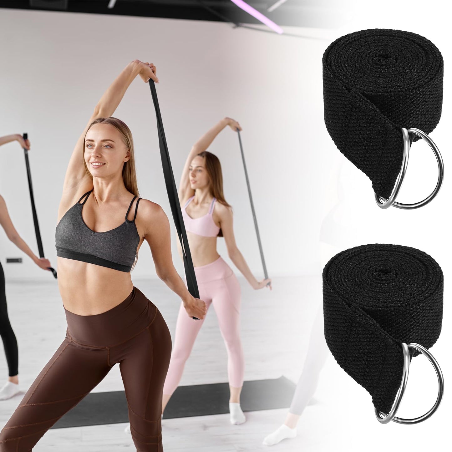 12 Pack Yoga Straps for Stretching, 6 Ft Black Exercise Bands with Adjustable D Ring Buckles for Pilates, Gym Fitness, Flexibility Training, Men Women