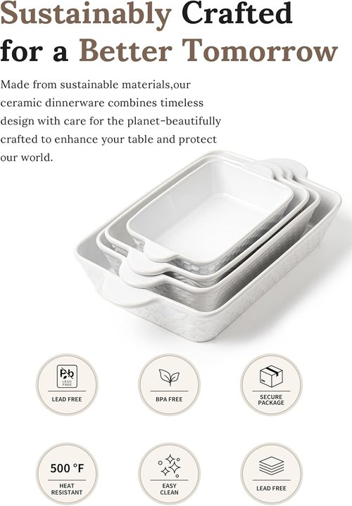 FOBENTA Casserole Dishes - Set of 4 Ceramic Bakeware with Handles | Rectangular Deep Lasagna Pans for Kitchen & Gifts