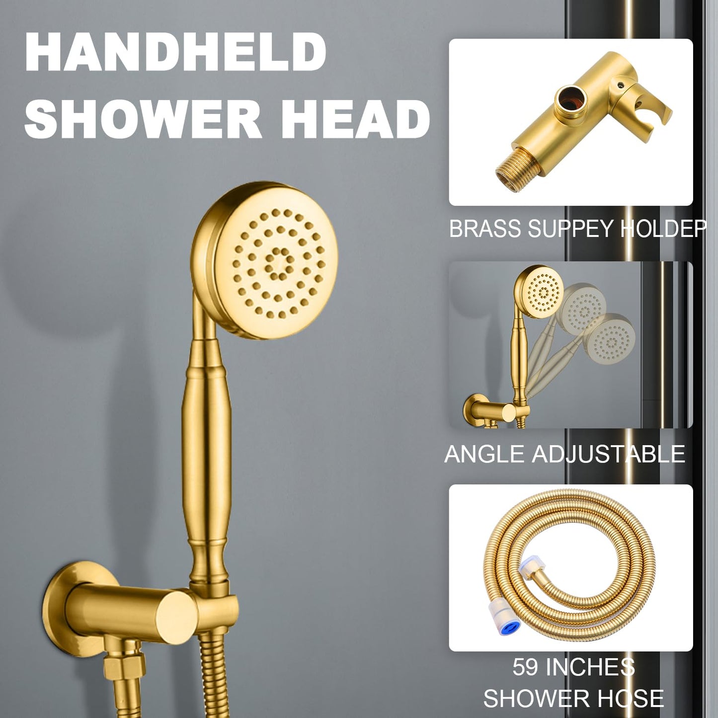 Enga Antique Shower Faucet Sets Dual Heads with Tub Spout 8" Ceiling & 6" Wall Mount Vintage Shower Head Handheld Spray Combo, 4 Way Diverter Brass Rough in with Trim Kit, Brushed Gold