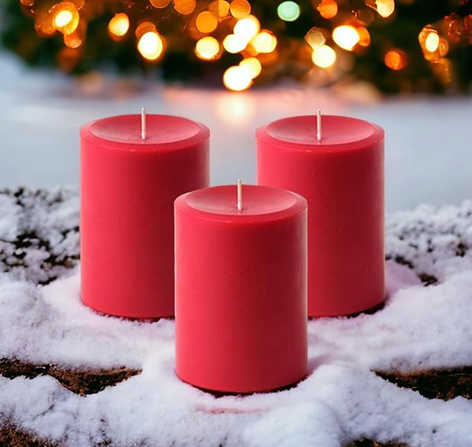 Mister Candle Dripless Unscented Pillar Candles, Set of 3 Hand Poured Solid Color Non-Scented Candles for Home Decor, Premium Wax, 60 Hr Burn Time - 3x4 Inch, Red