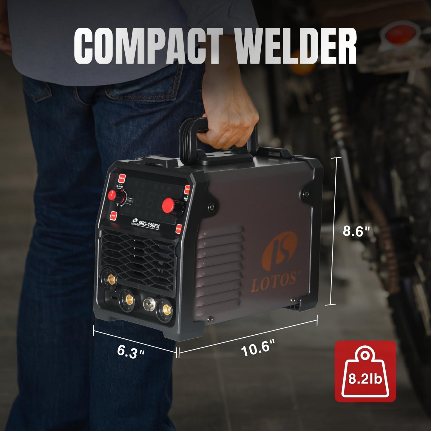 LOTOS OPTIMA 150A MIG Welder, 3-in-1 Synergic MIG Flux Core/MMA/TIG Welding Machine, 120V Portable IGBT Inverter with Large LED Display, 2T/4T/Spot Modes, Wire Feed 0.030"/0.035"