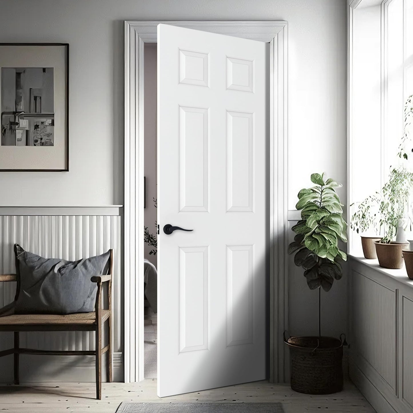 BARNSMITH 30x80 in Raised 6-Panel Textured White Primed Molded Door Slab, Classic Style Paintable Hollow Core Interior Door Panel, for Pocket, Swing, Sliding Door, Durable and Lightweight