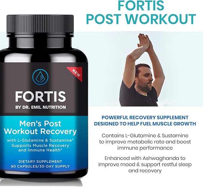 DR. EMIL NUTRITION Fortis Post-Workout Recovery Capsule for Men with L-Glutamine and Sustamine to Support Muscle Recovery & Immune Health, 30 Servings