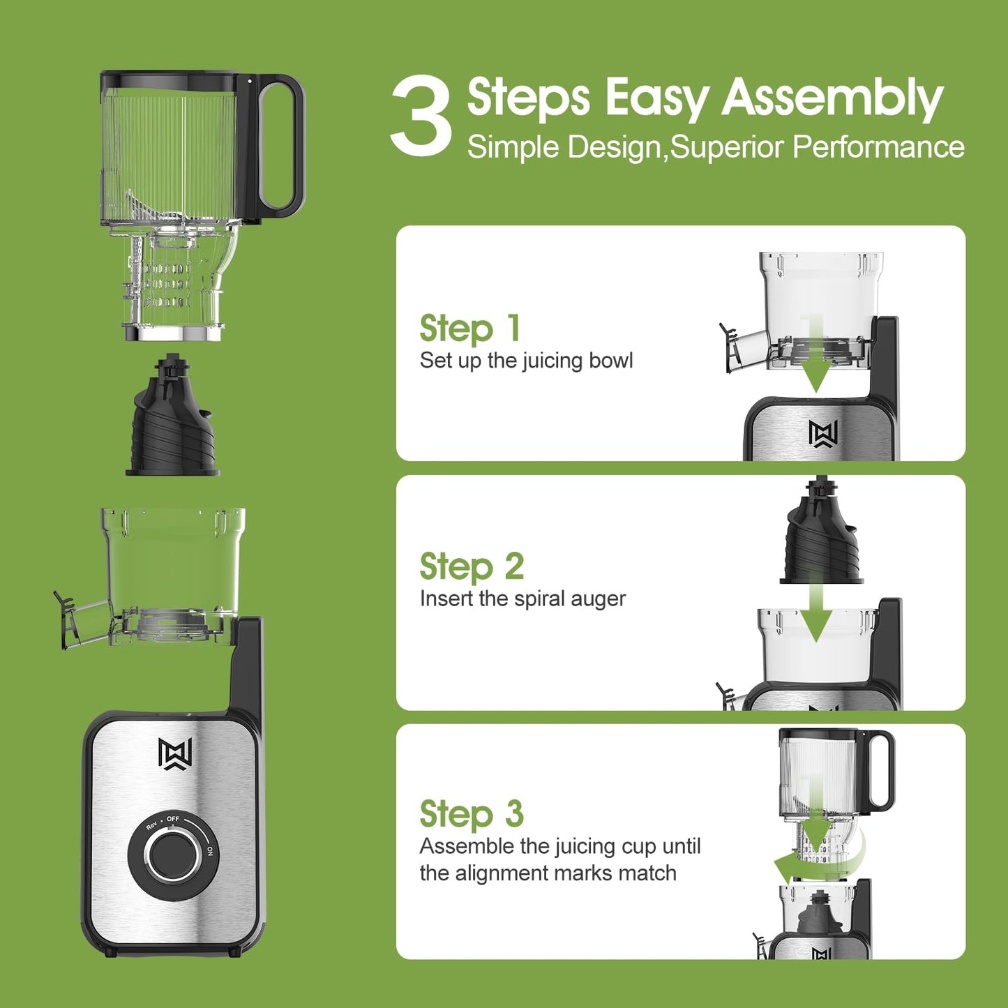 IWODTECH Cold Press Juicer,Stainless Steel Material,Juicer Machines with 5.0Inch Wide Feed Chute,Slow Masticating Juicer for Vegetables and Fruits with High Juice Yield,Large Auger,Easy to Clean
