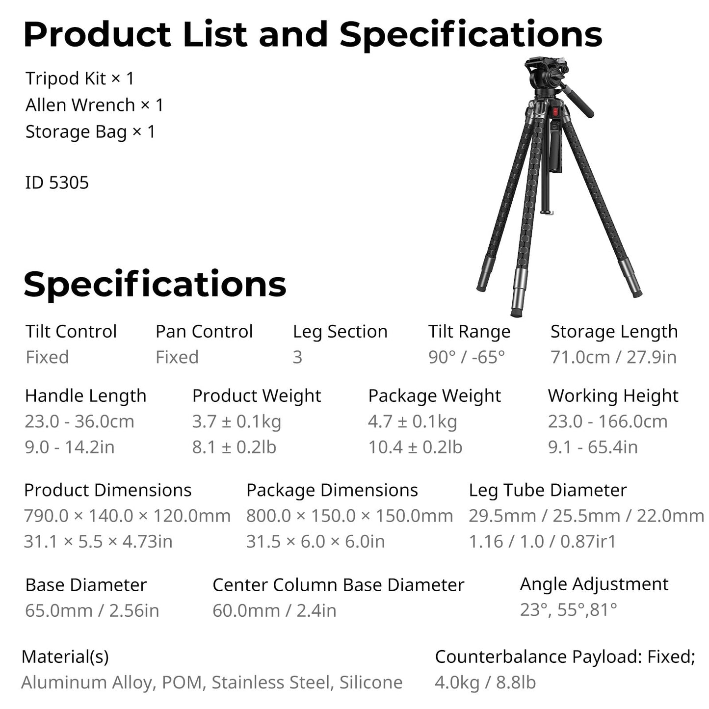 SMALLRIG x Potato Jet TRIBEX SE Hydraulic Aluminum Camera Tripod, with Video Fluid Head, 6kg/13.2lb Load, Max Height 166cm, Professional Video Tripod for Interviews/Wedding/Landscape - 5305
