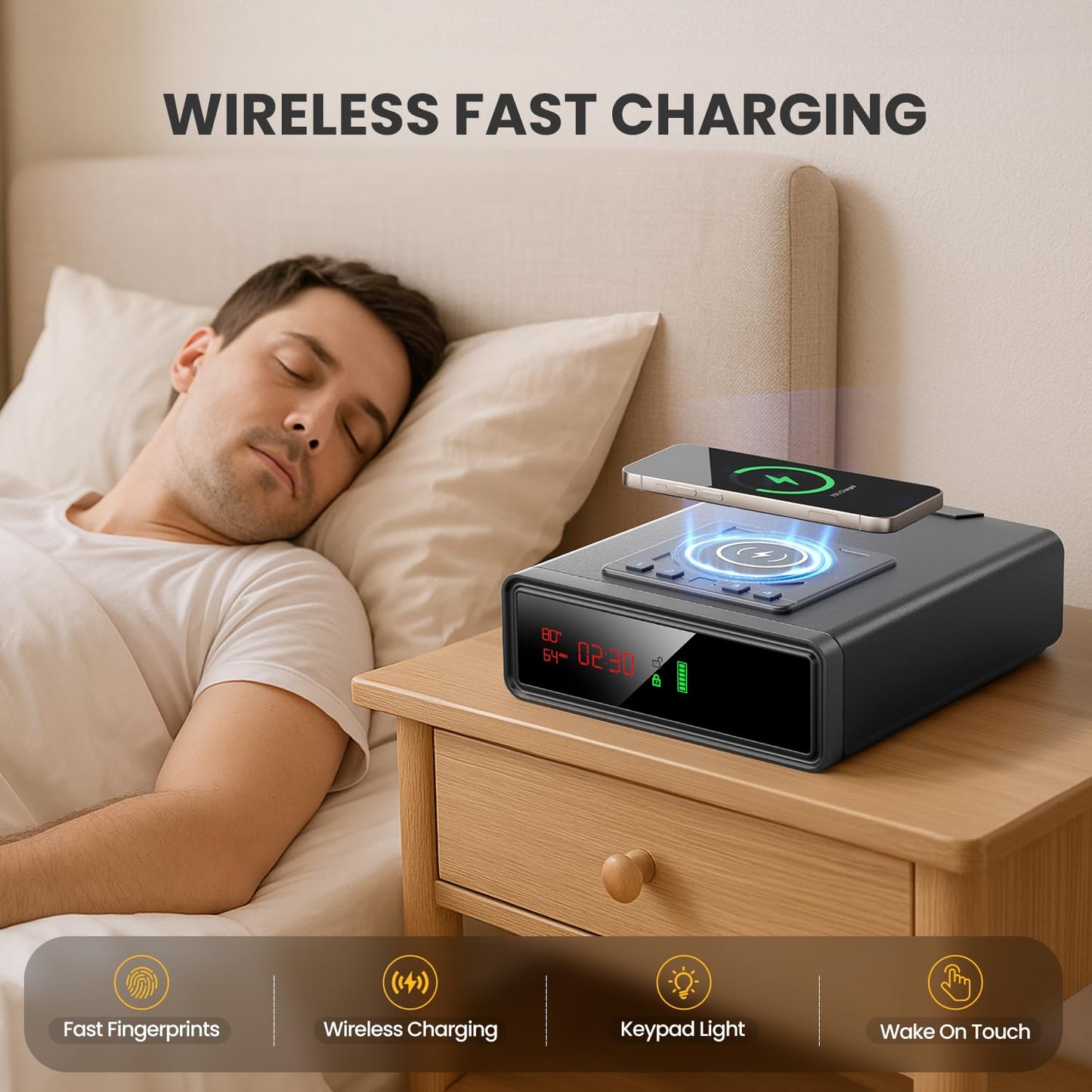 Biometric Smart Safe with Wireless Charging for Phone and Watch, Quick Access with Backlit Keypad,Auto Open Drawer Gun Lock Box with Humidity,Temperature, Digital Clock,LED Screen 1PCS