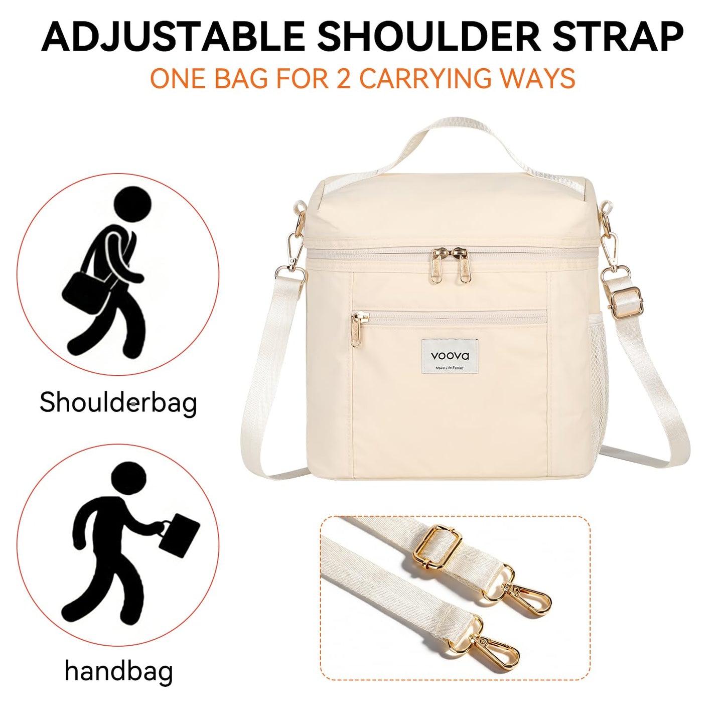 Voova Lunch Bag for Women, Insulated Lunch Box with Shoulder Strap, Adult Reusable Lightweight Nylon Waterproof Lunchbox Lunch bags for Work, Beige